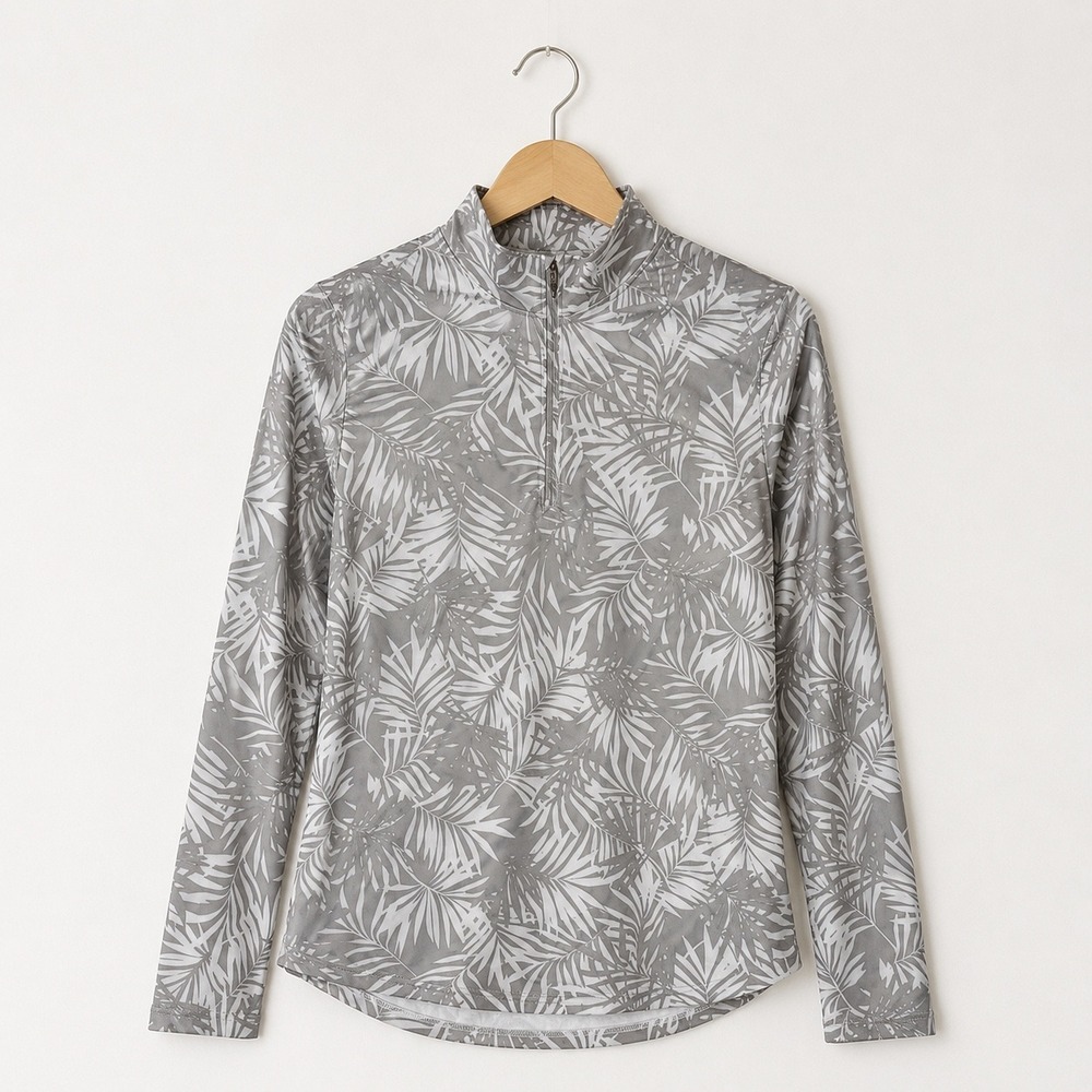 SanSoleil SolCool Womens Small Grey White Palm Leaf UPF 50 Quarter Zip Top‎